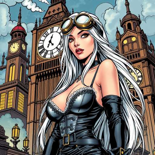 The image depicts a woman with long blonde hair and large goggles standing in front of the iconic Big Ben clock tower in London. The woman is wearing a black outfit that includes a corset and gloves, giving her an air of mystery and elegance. She is positioned on the left side of the frame, facing towards the right. In the background, there are other buildings visible, suggesting that she might be in a busy city setting.