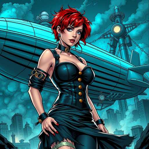 The image depicts a woman with red hair and a black dress standing in front of an airplane. The background features a cityscape with buildings and a clock tower.