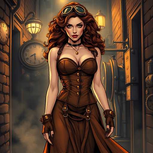 A woman with long brown hair and a corset is standing in front of a brick wall on the street at night. She is wearing a corset that has gold buttons and a black belt. The clock on the wall shows it's 11:30 pm.
