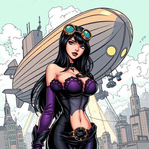 The image depicts a woman with long dark hair and a purple dress standing in front of an airship that is painted in shades of yellow and white. The woman is wearing goggles on her head and holding a parasol over her shoulder.