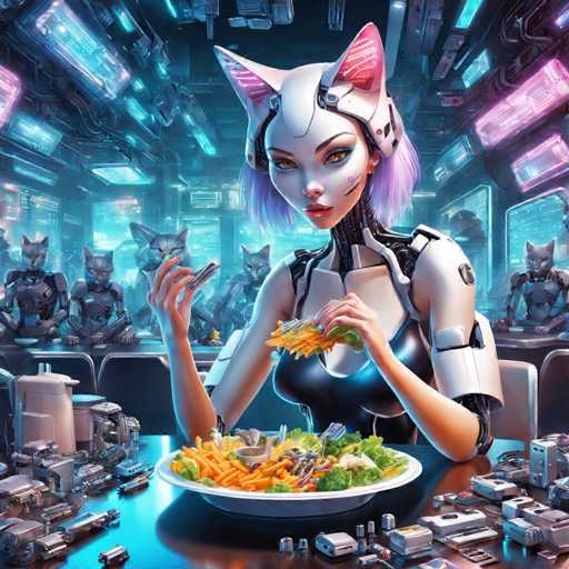 A woman with purple hair is seated at a table covered in futuristic technology and surrounded by other robots. She is eating a salad from a white plate while holding a fork. The background features a cityscape of buildings and neon lights, creating an urban environment for the scene.