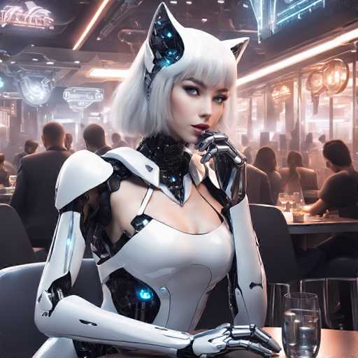 A woman with white hair and a futuristic outfit is seated at a table in a restaurant, holding a glass of water and looking off into the distance.