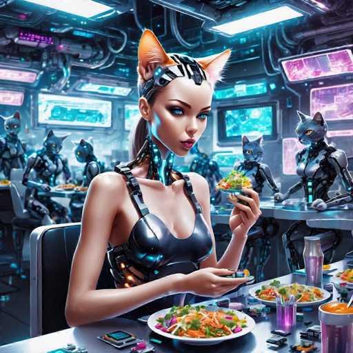 A woman with blue eyes and a futuristic outfit is seated at a table, holding a plate of food that includes carrots and broccoli. The background features a room filled with robots and monitors, suggesting an advanced technological setting.