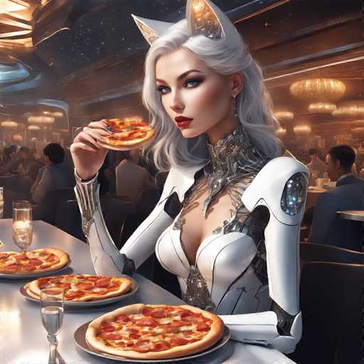A woman with blonde hair and a white dress is sitting at a table eating pizza while wearing cat ears on her head. The table has two plates of pizza and a glass of wine.