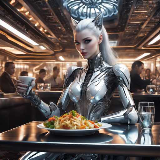 A woman with blonde hair and a silver metallic bodysuit is seated at a table in what appears to be a restaurant or cafe setting. She holds a cup of coffee in her right hand while a plate of food sits on the table in front of her. The background shows other patrons enjoying their meals, contributing to the overall atmosphere of the scene.