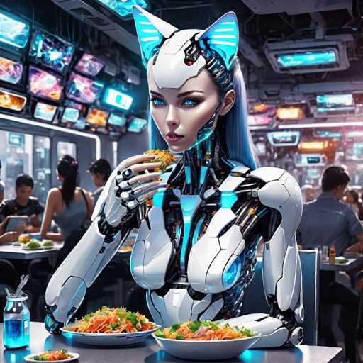 A woman with blue hair is sitting at a table eating food while surrounded by other people and neon lights.