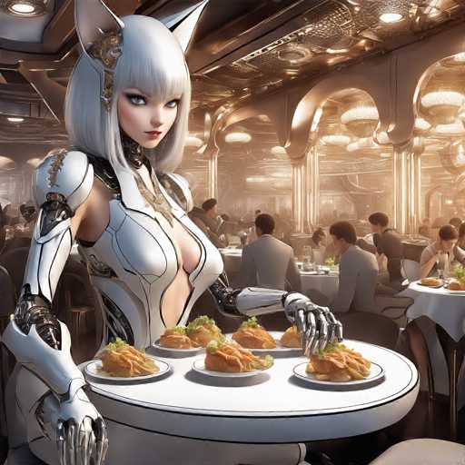 A woman with white hair and a futuristic outfit is serving food at a restaurant. She has a tray of food on her arm and is holding it up for the camera. The background shows other people seated at tables in the restaurant.