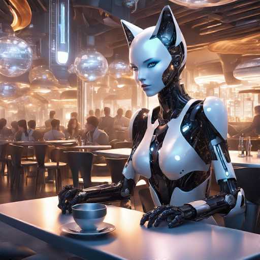 A robot with white and blue skin is seated at a table holding a cup of coffee. The background shows other tables occupied by people, suggesting the scene takes place in a restaurant or cafe setting.