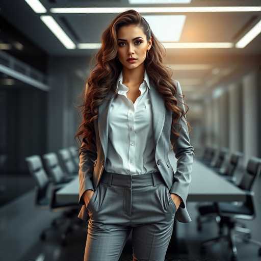 A woman with long brown hair is standing confidently in a room filled with chairs and tables. She is dressed in a gray suit and white blouse, giving off an air of professionalism. The background features a large window that allows natural light to flood the space, creating a bright and inviting atmosphere.