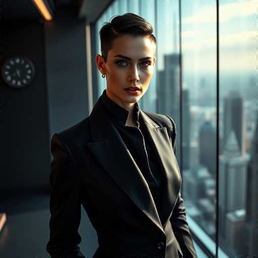 A woman with short hair and a bold red lipstick is standing in front of a large window that offers a view of the city skyline. She is dressed in a black blazer over a white shirt, giving her an elegant and sophisticated appearance. The clock on the wall behind her suggests it might be early morning or late evening when she poses for this photo.