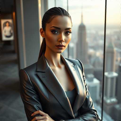A woman with shoulder-length brown hair is standing in front of a large window that offers a view of the city skyline. She is dressed in a black leather jacket and has her arms crossed over her chest. The background features an urban landscape with tall buildings reaching towards the sky, suggesting she might be in New York City or another bustling metropolis.