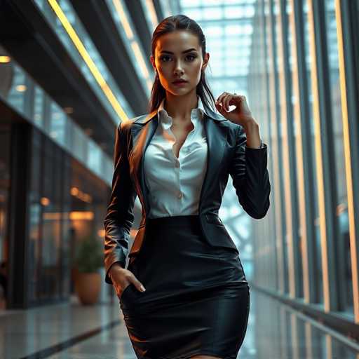 A woman is standing in an indoor space with a glass wall behind her. She is dressed in a black leather skirt and jacket, paired with a white blouse. The woman has long hair that falls over her shoulders, and she is holding a purse in one hand while the other hand is raised to her face as if posing for the camera.
The background features a large glass wall that reflects the interior of the building, creating an interesting visual effect.
