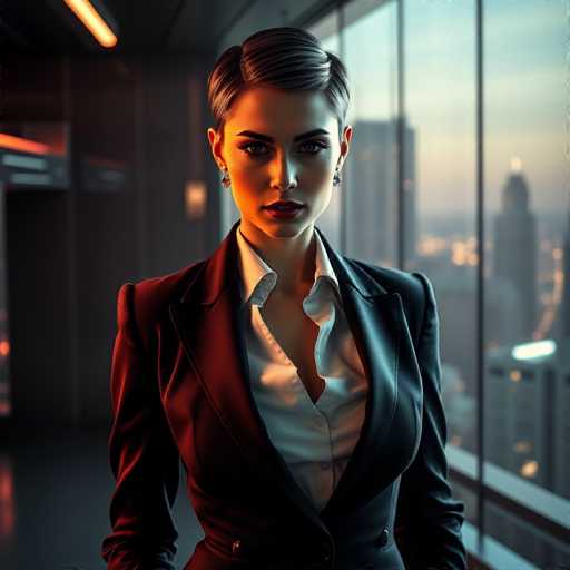 A woman with short blonde hair and a white blouse is standing in front of a window that offers a view of the city skyline at sunset. The setting sun casts a warm glow on her face as she gazes directly into the camera.