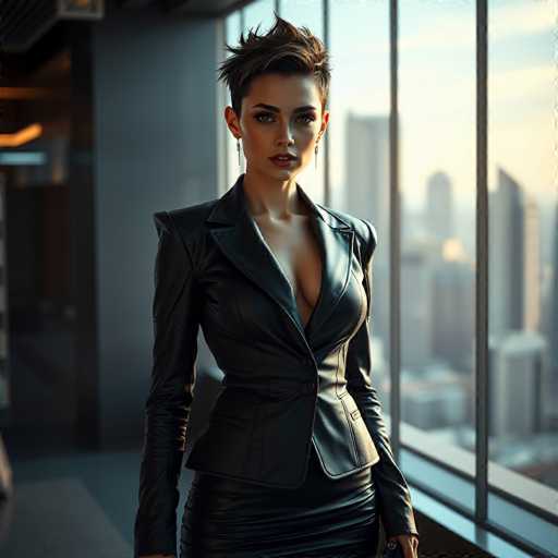 A woman with short hair and a plunging neckline is standing in front of a large window that offers an expansive view of the city skyline. She is dressed in a black leather jacket and skirt, which contrasts with her dark hair. The woman holds a purse in her hand as she gazes directly at the camera.