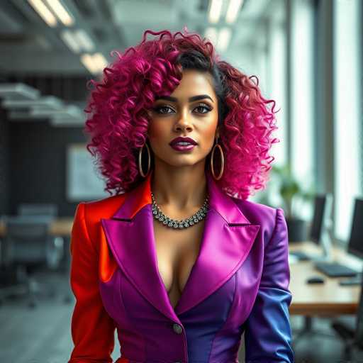 A woman with pink curly hair wearing a purple and red jacket stands confidently against the backdrop of an office setting. She is looking directly at the camera with a neutral expression. The room contains several desks and chairs arranged in rows, suggesting it could be an office environment.