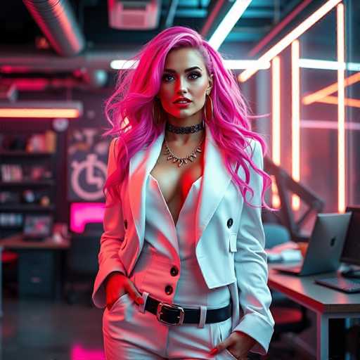 A woman with pink hair is standing in a brightly lit room that features neon lights and a computer desk with an open laptop on it. She is wearing a white blazer over a black dress and has her hands in her pockets.