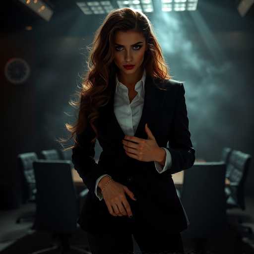 A woman with long brown hair is standing in a room filled with black chairs and tables. She is wearing a black suit jacket over a white blouse and has her hands on her hips. The background features a dark color that contrasts with the woman's attire, creating an atmosphere of mystery or intrigue.