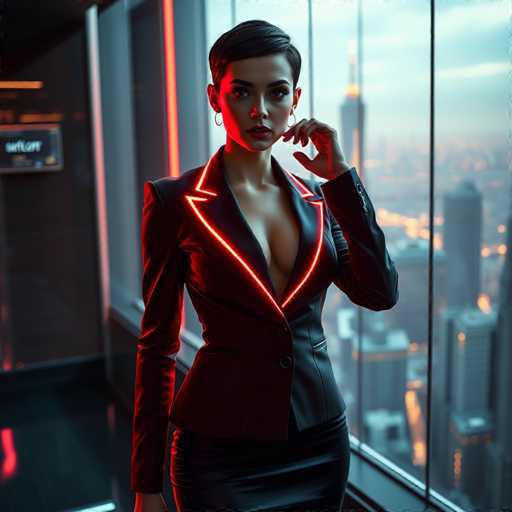 A woman stands confidently against a city skyline backdrop, dressed in a sleek black suit jacket and skirt with red accents that add a pop of color. The window behind her reflects the city lights, creating an interplay of light and shadow on her figure.