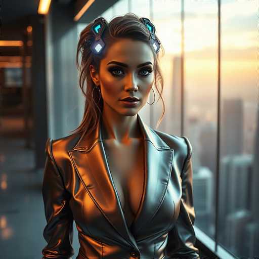 A woman with long brown hair is standing in front of a window that offers a view of the city skyline at sunset. She is wearing a black leather jacket and has blue earrings on her ears. The image does not contain any discernible text or other objects.
