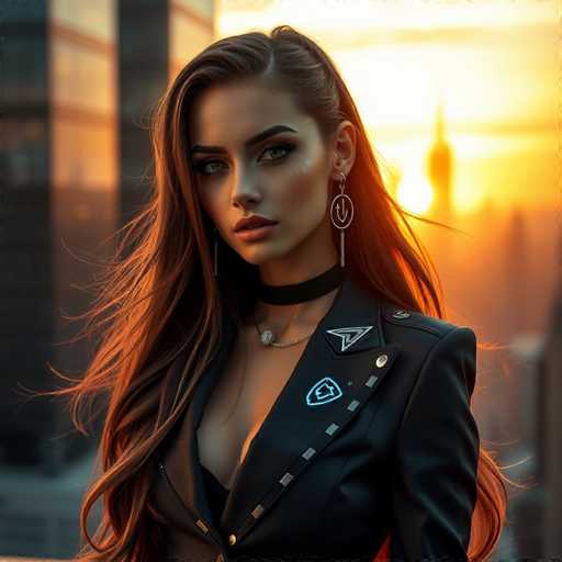 The image shows a woman with long brown hair wearing a black jacket and earrings. She is looking directly at the camera with an expression of concentration or thoughtfulness. The background features a city skyline in the distance, suggesting that she might be in an urban setting.