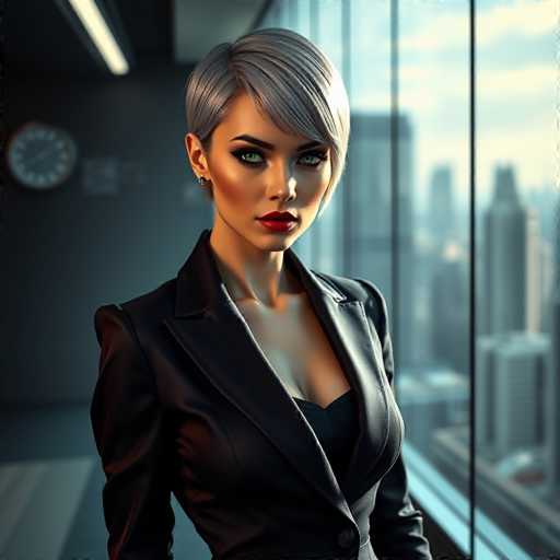 A woman with short blonde hair and striking red lipstick is standing in front of a large window that offers a view of the city skyline. She is dressed in a black blazer over a white shirt, giving her an elegant and professional appearance. The background features a clock on the wall and other buildings visible through the window, suggesting she might be in a high-rise office or a cityscape setting.
The woman's pose and attire convey confidence and poise, which are essential qualities for someone working in a corporate environment.