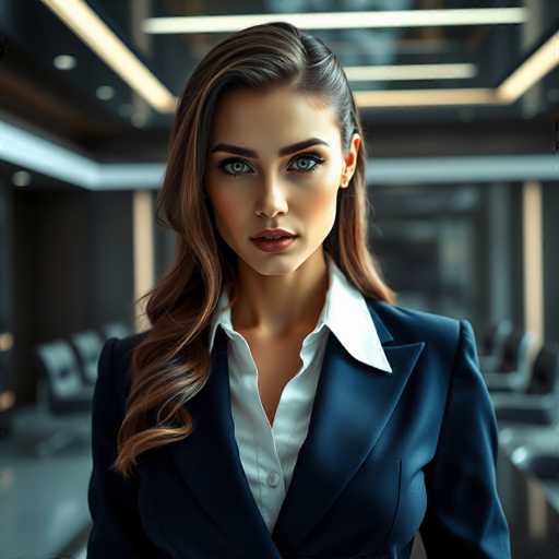 A woman with long brown hair and striking green eyes is standing confidently against a black background. She's dressed in a navy blue blazer over a white collared shirt, giving her an air of professionalism. The setting appears to be indoors, possibly a conference room or office space, as indicated by the presence of chairs and other furniture items scattered around the area.
The woman is looking directly at the camera with a serious expression on her face, suggesting that she's in control of the situation.