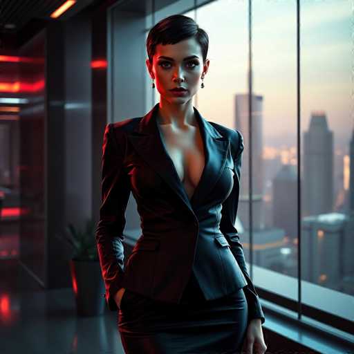 A woman stands confidently in front of a large window with a city skyline visible outside the glass. She is dressed in a sleek black suit and skirt, paired with a statement necklace that adds an elegant touch to her ensemble. The woman's gaze is directed straight at the camera, exuding an air of self-assuredness and poise.