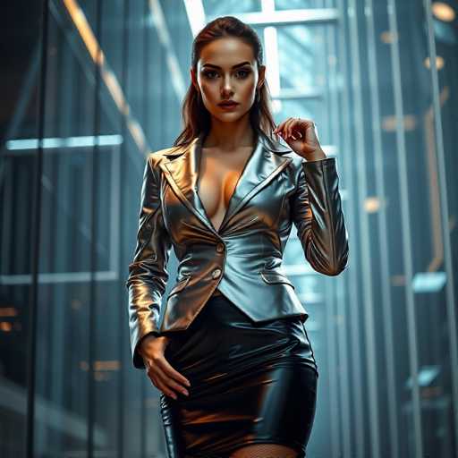 A woman is standing in front of a glass wall with her hands on her hips and looking directly at the camera. She is wearing a silver jacket over a black skirt and has long brown hair that falls down to her shoulders. The background features a blue sky and white clouds, creating an urban setting for the photograph.