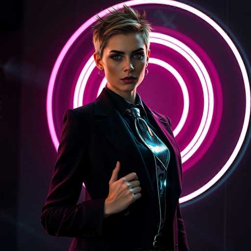 A young woman with short blonde hair is standing against a black background adorned with pink and purple neon lights that create an ethereal glow around her. She is dressed in a sleek black suit jacket paired with a tie featuring a unique design of blue and silver stars. The woman's hands are placed on her hips, and she has a serious expression on her face as she gazes directly into the camera.
