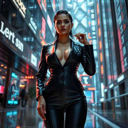 A woman is standing in an indoor shopping mall with a black leather outfit on and her hand resting on her hip. The background features a large glass window displaying various advertisements and signs for stores such as "Germanten" and "SIN".