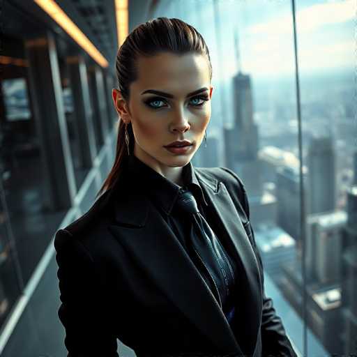 A woman with striking blue eyes and long brown hair is captured from the waist down, wearing a black suit jacket over a white shirt and a black tie. The background features a cityscape of tall buildings under an expansive sky, suggesting that she might be in a high-rise office or a professional setting.
The image does not contain any discernible text.