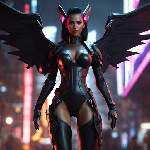 The image shows a woman dressed in a futuristic black outfit with wings and a metallic sheen. She is standing against the backdrop of a city street at night, illuminated by neon lights that cast an ethereal glow on her figure. The woman's pose suggests a sense of power or authority, as if she is ready to take control of any situation.