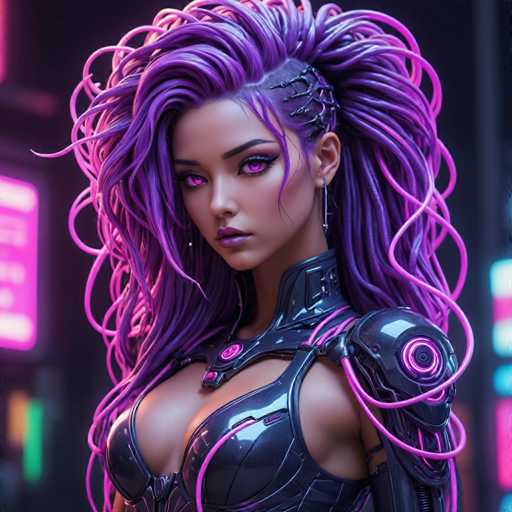 The image depicts a woman with long purple hair styled into an intricate updo and wearing a futuristic black outfit that includes a helmet with neon pink lights on the sides. The background is dark and features neon signs in shades of pink and purple.
