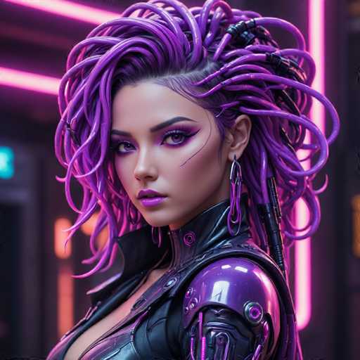The image shows a close-up portrait of a woman with long purple hair styled in an intricate braided updo. She is wearing a black leather jacket and has large purple earrings that catch the light. The background features neon pink lights, creating a futuristic and edgy atmosphere.