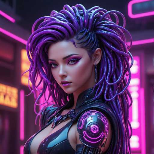 The image shows a close-up portrait of a woman with long purple hair styled in an intricate updo and wearing a black outfit that includes a helmet. The background is a neon pink color, which contrasts with the dark purple hair of the woman.