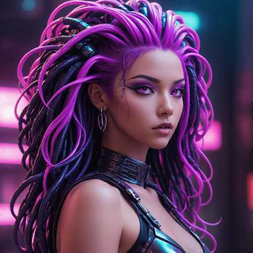 A woman with long purple hair styled in a messy bun and wearing a black tank top is the central figure of this image. The background features neon pink and blue lights that create an urban atmosphere.