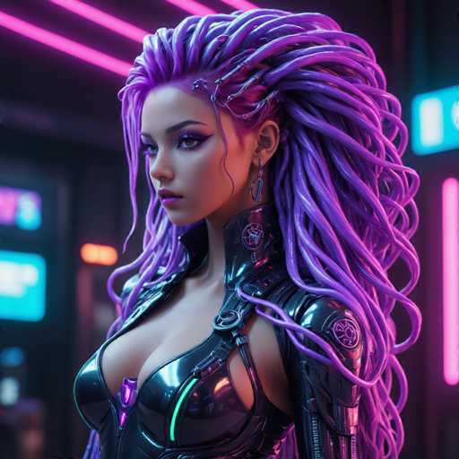 The image shows a close-up portrait of a woman with long purple hair styled in an intricate braided updo. She is wearing a futuristic black outfit that includes a helmet and goggles. The background features neon lights and a cityscape, suggesting the setting could be a modern urban environment or a futuristic city.