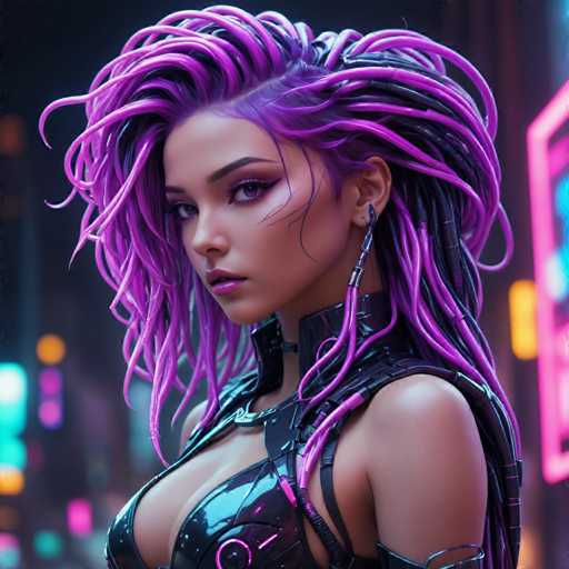The image shows a close-up portrait of a woman with long purple hair styled in an intricate updo and wearing a black outfit that includes a top hat. The background is dark and filled with neon lights, creating a futuristic atmosphere.