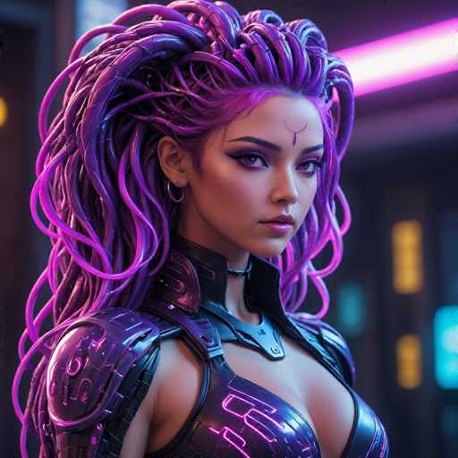 The image shows a close-up portrait of a woman with long purple hair styled in an intricate braided updo. She is wearing a futuristic outfit that includes a metallic bodysuit and a helmet with glowing lights on the sides. The background features neon lights and a blue wall, creating a futuristic atmosphere.