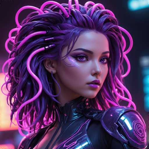 The image shows a close-up portrait of a woman with long purple hair styled in an intricate and elaborate manner. The woman is wearing a futuristic outfit that includes a helmet and armor, giving the impression that she might be a character from a science fiction or fantasy genre. The background features neon lights, suggesting that the photo was taken in a city at night.