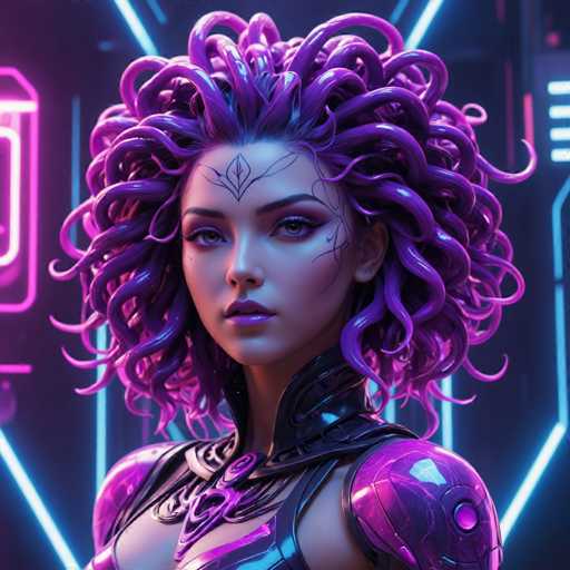 The image shows a close-up portrait of a woman with long purple hair styled in an intricate updo. The woman is wearing a black and silver outfit that includes a corset and armor. The background features neon lights and a futuristic cityscape, creating a striking contrast between the woman's dark attire and the vibrant surroundings.