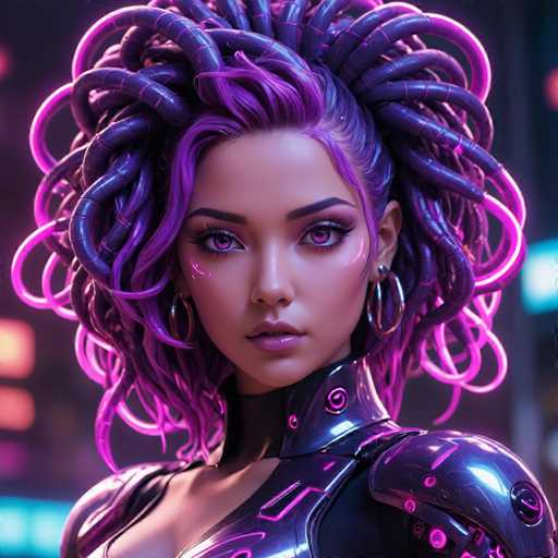 The image shows a close-up portrait of a woman with long purple hair styled in an intricate and elaborate manner. She is wearing a futuristic outfit that includes a metallic bodysuit with multiple arms and legs attached to it. The background features neon lights from a cityscape, creating a vibrant and dynamic atmosphere around the subject.