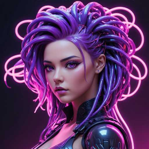 The image shows a close-up portrait of a woman with long purple hair styled in an intricate updo and wearing a futuristic outfit that includes a helmet and gloves. The background is dark and features neon pink lines, creating a futuristic and otherworldly atmosphere.