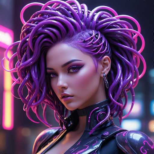 The image shows a close-up portrait of a woman with long purple hair styled into an intricate and elaborate updo that features multiple strands twisted together. The woman is wearing a black outfit adorned with silver accents, giving her a futuristic appearance. The background is dark and blurred, suggesting the focus is on the woman's striking hairstyle and attire.