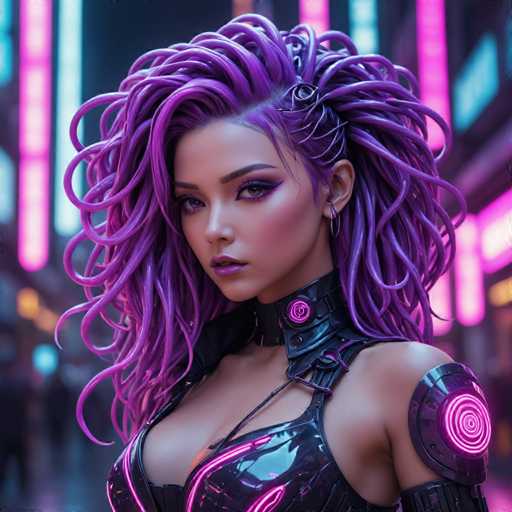 The image shows a close-up portrait of a woman with long purple hair styled in an intricate updo and wearing a black leather outfit that includes a corset and armor. The background is a cityscape filled with neon lights, creating a futuristic and urban atmosphere.