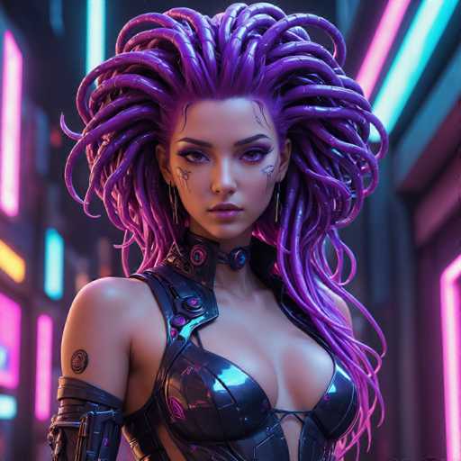 The image shows a close-up portrait of a woman with long purple hair styled in an intricate updo and wearing a black outfit that includes a corset and armor. The background is a neon glow from the lights of a city at night, creating a futuristic and urban atmosphere.