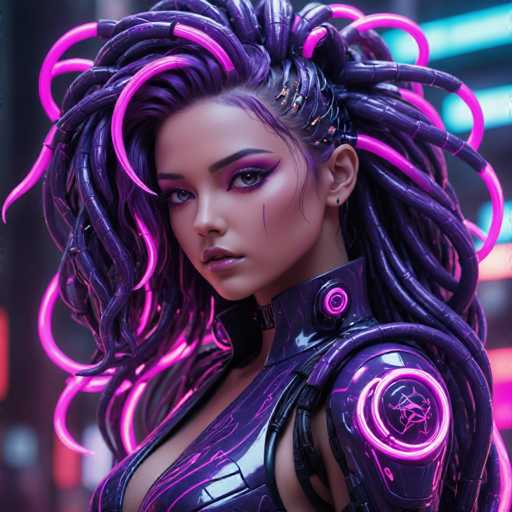 The image shows a close-up portrait of a woman with long purple hair styled into an intricate updo and adorned with neon pink hair accessories. The woman is wearing a futuristic outfit that includes a purple suit with a large circular emblem on the chest area.