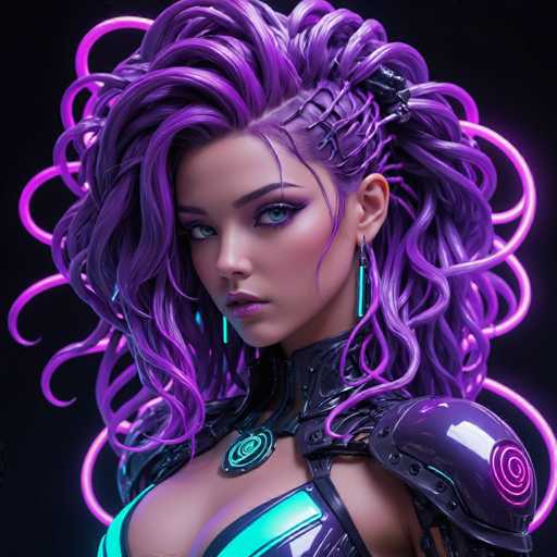 The image shows a close-up portrait of a woman with long purple hair styled into an intricate braided updo. She is wearing a futuristic outfit that includes a helmet and armor, giving her the appearance of a cyborg or robot from another planet. The background is black, which contrasts with the vibrant colors of the woman's hair and outfit, making them stand out even more.