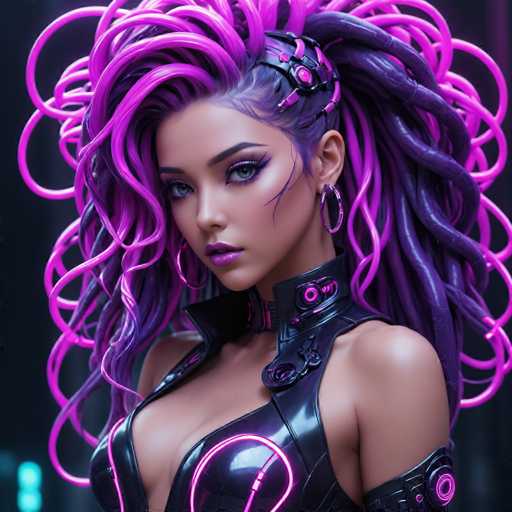 The image shows a close-up portrait of a woman with long, purple hair styled into an intricate updo and adorned with neon pink hair accessories. The woman is wearing a black outfit that includes a top hat and a cape, giving her the appearance of a futuristic or cyborg character.