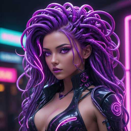 The image shows a close-up portrait of a woman with long purple hair styled in an intricate updo and wearing a futuristic black outfit that includes a helmet and armor. The background is dark and features neon lights, suggesting the setting could be a city or urban environment.